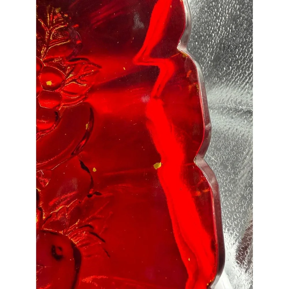 Vintage Ruby Red Amberina Glass Footed Bowl Scalloped Fruit Pattern Centerpiece